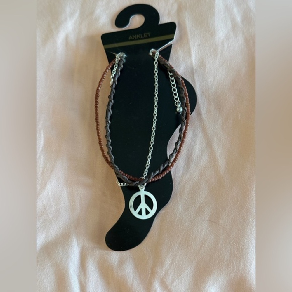 Peace Sign Brown and Silver Anklet NWT
